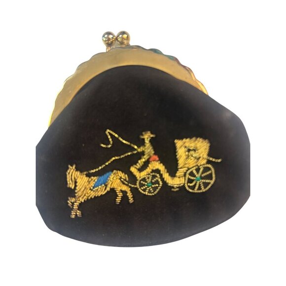 Vintage Black Velvet Coin Purse With Embroidered Horse & Carriage Design - Picture 4 of 5